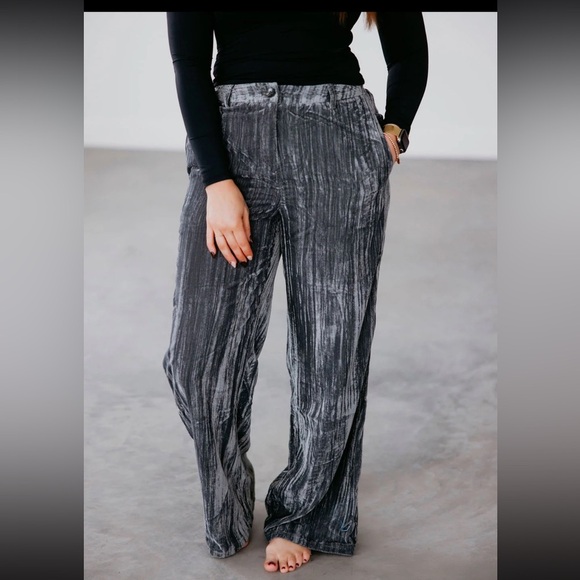 Bibi Pleated Velvet Pants Size XL Seal Grey Side Pockets Belted Waistband - Picture 1 of 14